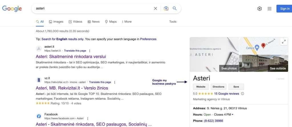 Google my business paskyra: Asteri