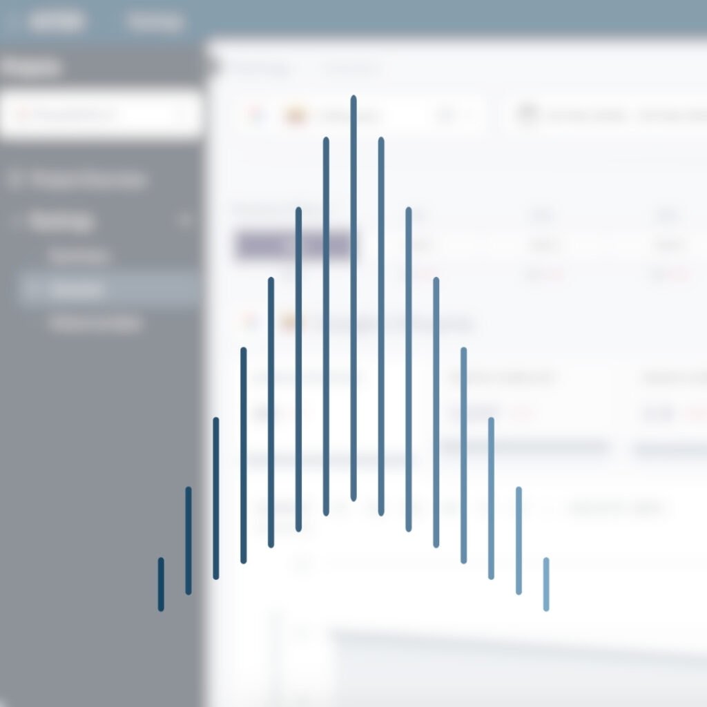 AI SEO rezultatai – nuo šiol realiu laiku klientų dashboard’e 1 Asteri logotipas su vertikalių linijų grafiniu simboliu, fone matomi neryškūs klientų dashboard elementai.