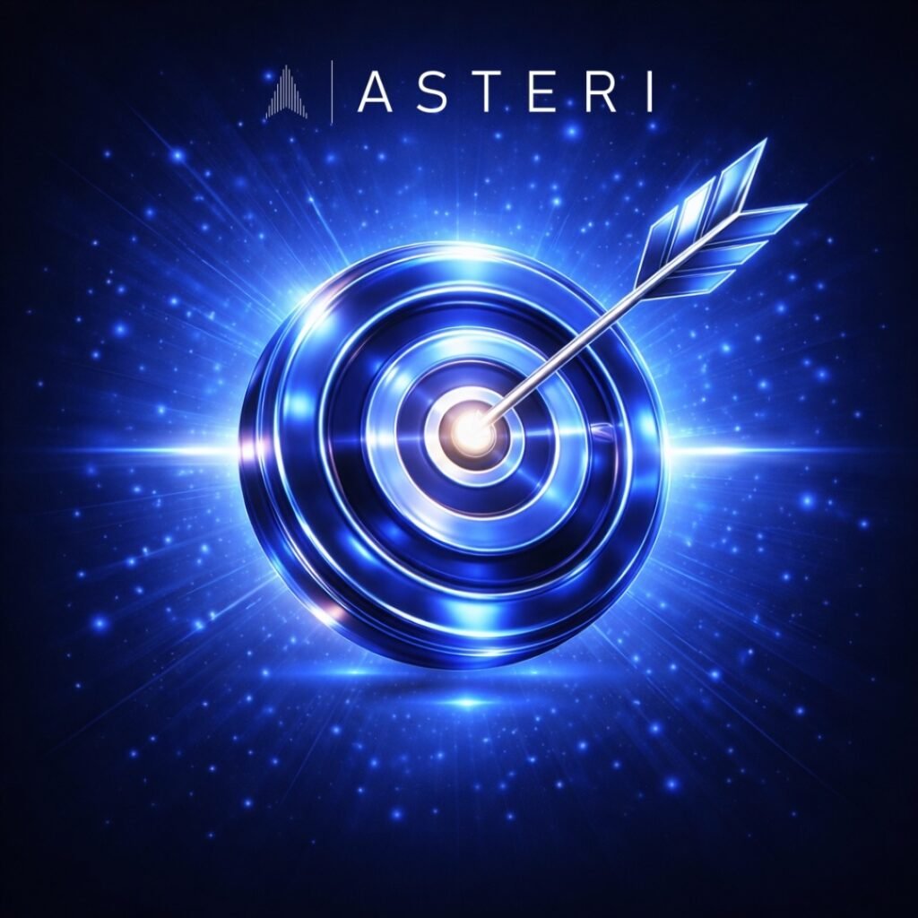 Mėlynas švytintis taikinys su strėle centre kaip atsakymas, kas yra skaitmeninis autoritetas – iliustruoja, kaip verslas tampa patikimu ir rekomenduojamu šaltiniu Google ir AI paieškoje.